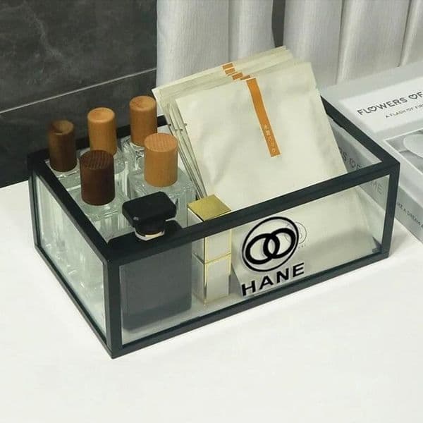 high quality Fashion designer transparent desktop jewelry storage box Luxury classic letter logo glass dresser cosmetics perfume multi-purpose shelf storage box