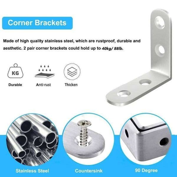 10pcs Stainless Steel L-Shaped Right Angle Brackets for Shelves Wood Furniture Chairs & Drawers - Corner Braces Support