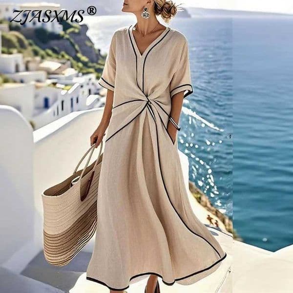 Elegant Striped Print Short Sleeve Woman Dress Casual V Neck Vacation Beach Maxi Dress Summer Boho Loose Irregular A-Line Dress C260411
