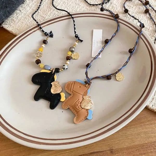 Designer Minar Funny Multicolor Acrylic Wood Beads Strand PU Leather Cartoon Horse Pendant Necklaces For Women Layers art Rope Sweater Chain Free Shipping 9