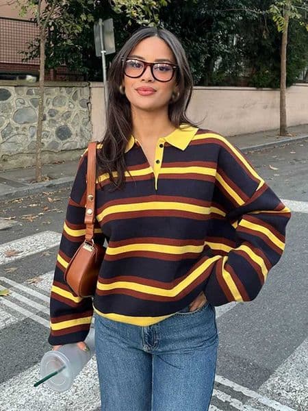 HH New WomanS Stripes Long Slves Button Decoration Polo Collar Pullover Knitted Sweater Female Slim Fit Leisure Tops T260410