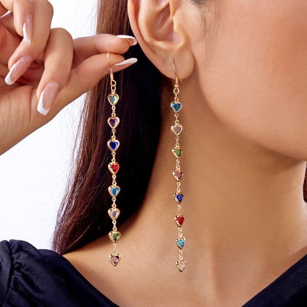 Designer's new heart-shaped fringed geometric style round multi-colored diamond sweet long copper earrings