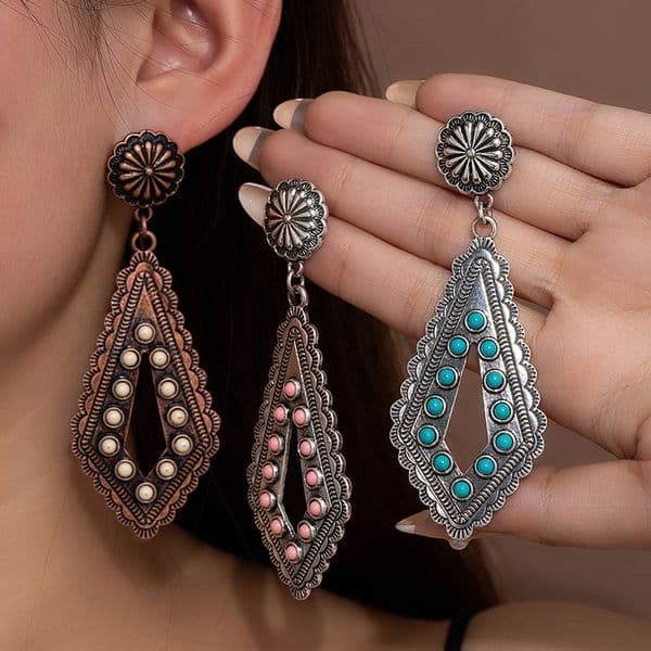 Luxury Designer Jewelry For Women Vintage Ethnic Style Diamond Shaped Hollow Droplet Earrings Turquoise Alloy Earrings Bohemian Style Designer Earrings