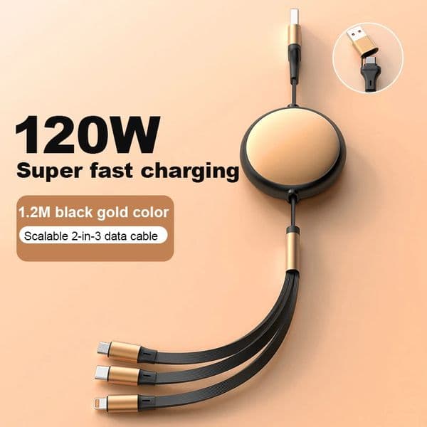 5A ABS 120W 3 in 2 Fast USB C Cable for Huawei/Honor Retractable Portable Micro USB Type C Charger Cord For iPhone Bag packaging