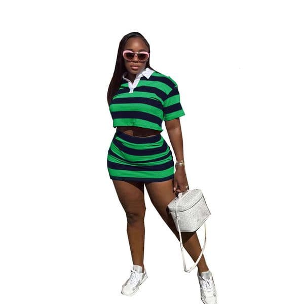 Cross-border foreign trade fashion women's striped color-blocked cropped top a turn-down collar and hip-hugging skirt set with short sleeves