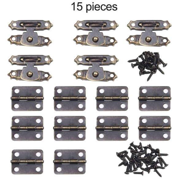 15pcs/set Antique Bronze Hinges 16*12mm With Box Latch Hasp Clasps Screws Retro Buckle Padlock Wood Jewelry Case Lock