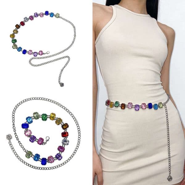 New cross-border colorful belt women, versatile niche design rhinestone waist chain for women to match dresses, in stock