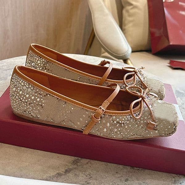 Womens Fashionable Crystal Horsebit Ballet Flat Exquisite Bow Tie Decoration Soft Lined Insole Ballet Shoes Suitable Dancing Party Party Collocation Flat Shoes