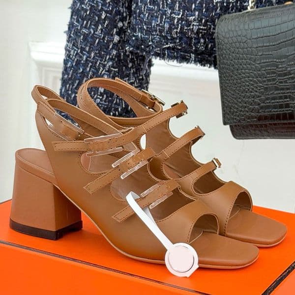 Designer Classic H Button Fish Mouth Sandals Ladies Advanced Square Head High Heels Womens Casual Shoes Genuine Leather Outsole Sizes 35 41