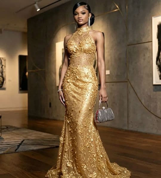 Aso Ebi Gold Lace Mermaid Prom Dresses High Collar Shiny Sequins Long Evening Gowns Sleeveless Crystals Beaded Chic Formal Occasion Bride Reception Dress 2026 Y