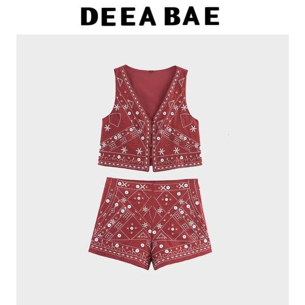 DEEABAE 2025 summer womens clothing temperament mirror effect decoration embroidered vest casual shorts set 260413BJ