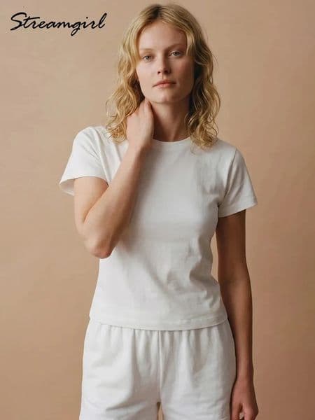 Basic T Shirts Women Cotton Slim Fit White Tops Summer Black Tees Crew Neck 100 Cotton T Shirt For Women Plain T-shirts Soft 260410BJ