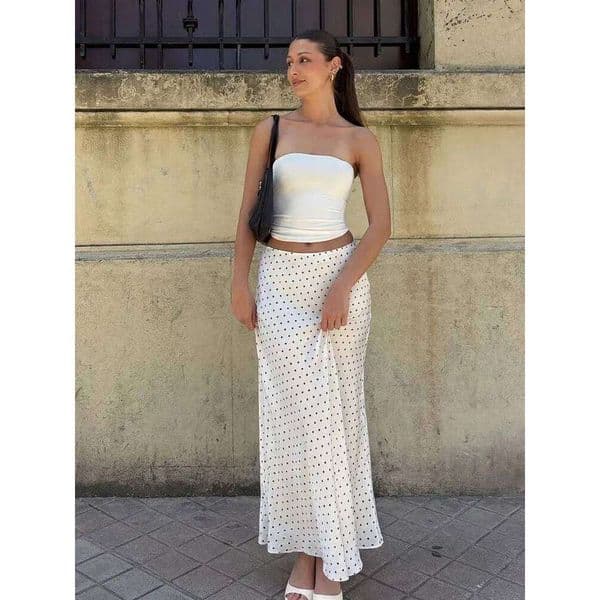 Women's Polka Dot Satin Maxi High Waist A-Line Flowy Long Skirt Casual Summer Elegant Streetwear Retro Y2K Fashion 26W0413