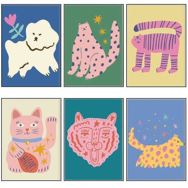 Retro Abstract Animals Poster Cute Cat Dog Colorful Animal Canvas Painting Wall Art Picture Nursery Living Room Home Decor Gift 26H0413