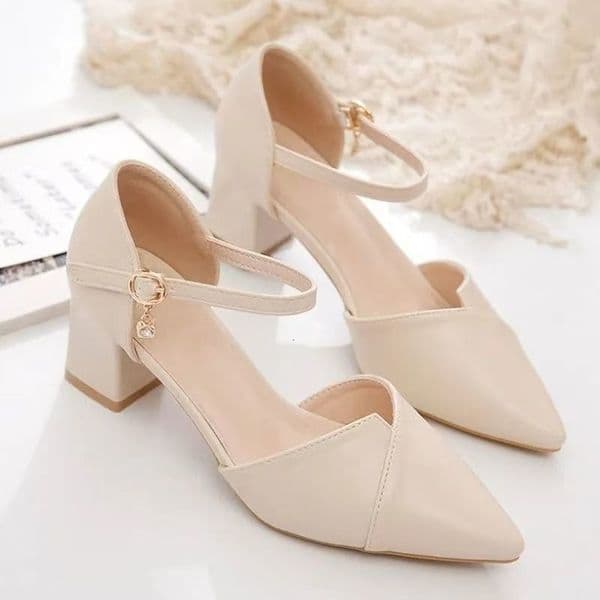 Ladies Elegant Beige Pointed Toe Thin Strap Cross Buckle Mid Heel Sandals Daily Office Shoes y260325