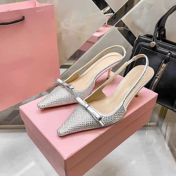 Luxury Women's Gold Rhinestone Slingback Heels Pointed Toe Bow Detail Stiletto High Heels Elegant Party Wedding Dress Shoes