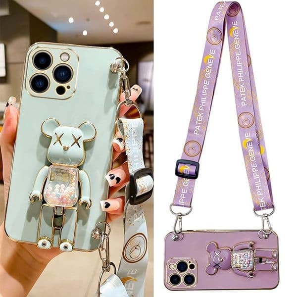 Compatible with Apple 17 Phone Case Electroplated Full Coverage iPhone 15 Candy Bear Foldable Stand Crossbody Lanyard Shockproof Cover