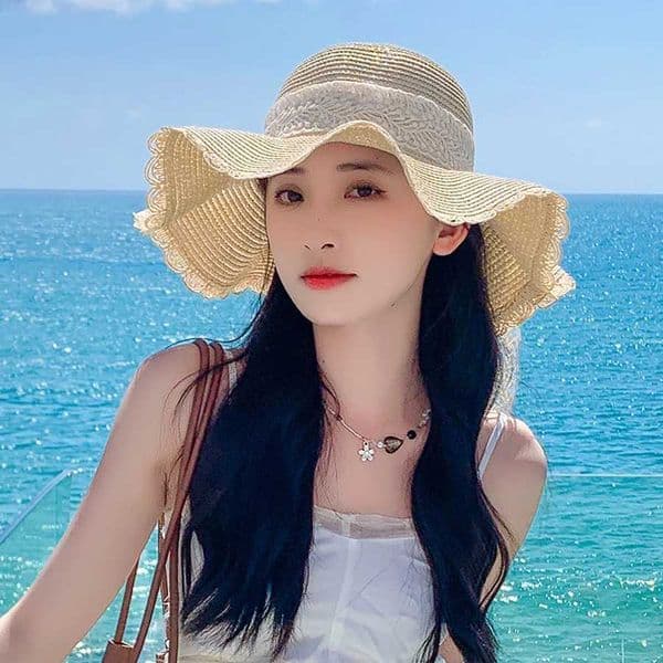 2pcs Womens Straw Hat Spring and Summer Lace Bowknot Large Brim Breathable Foldable Sun Hat Beach Hat S26413