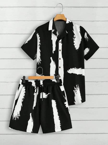 Fashion Summer Beach Black And White Printed Mens Suit Two Piece Casual Shirt Short Sleeve Hawaiian Shorts Mens Clothing Suit 260410