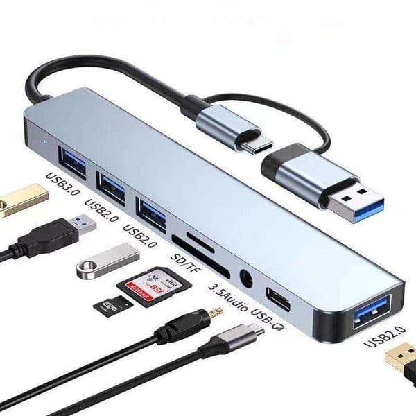 8 in 2 USB & Type-C Hub - Multiport Dock for Laptops/Phones/Tabs w/Audio Output, MicroSD Slot