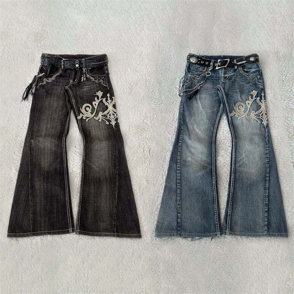 Y2K American retro embroidery pattern women horn -shaped jeans street fashion Gothic slim mop pants women jeans 260410