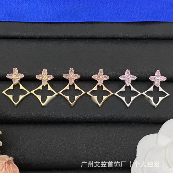 Designer Earrings lvs lvness lousi louise hollow floral stud earrings pink diamond earrings four-leaf clover colored earrings