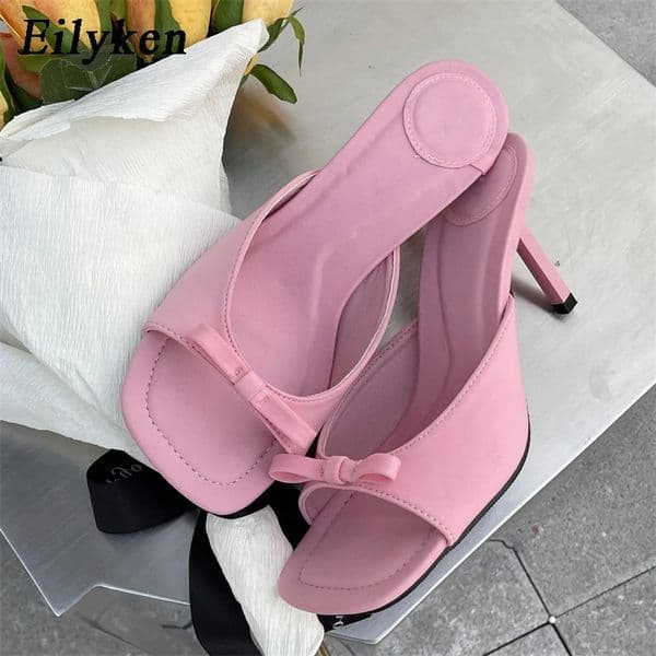 Eilyken Summer Fashion Butterfly-knot Satin Women Slipper Slip On Ladies Sandal Thin High Heel Outdoor Dress Slides Shoes 260413
