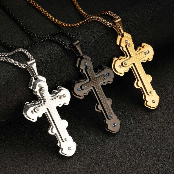 Stainless steel cross-shaped pendant necklace - unique punk retro style men's neck chain for daily wear as an accessory J260413
