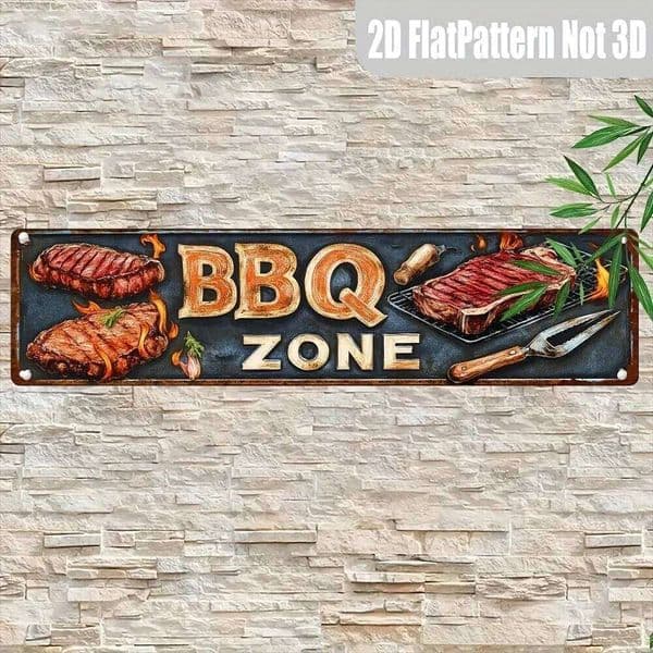Retro BBQ Zone Metal Tin Sign - 4x16" 2D Flat Novelty Decor, Grill Garage Restaurant Wall Art 26Y0413