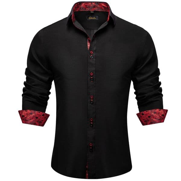 DiBanGu Men Shirt Long Sleeve Black Solid Red Paisley Color Contrast Fashion Dress Shirt for Men Button-down Collar Men Clothing 260413BJ