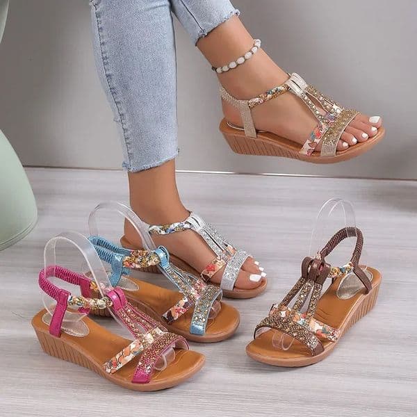Women Wedge Sandals Summer Bohemia Rhinestones Casual Platform Sandals Female Peep Toe Outdoor Beach Shoes 260410