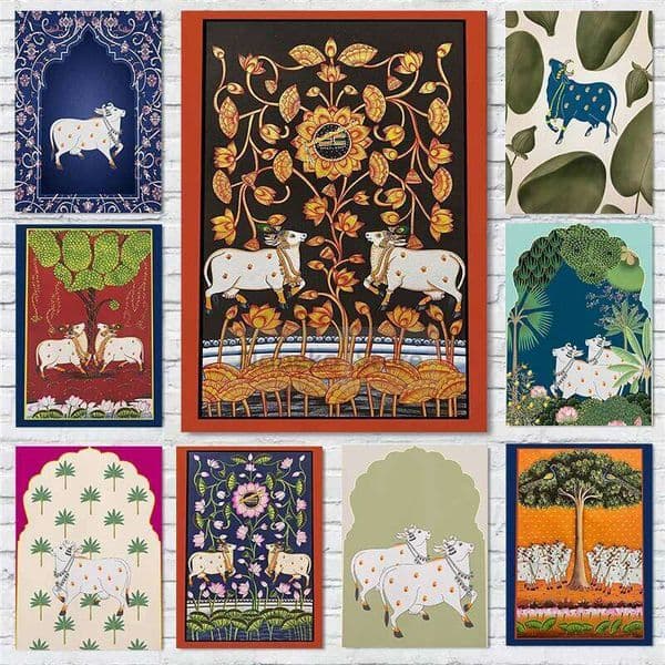 Folk Cow Prints Indian Vintage Printables Pichwai Painting Wall Art Posters Canvas Pictures Living Home Room Decor 26L0413