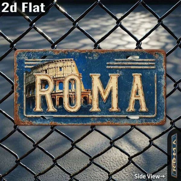 2D Flat, 1pc Vintage Italian Roma Metal License Plate Wall Art - Retro Rome Colosseum Decor with Distressed Typography 26Y0413