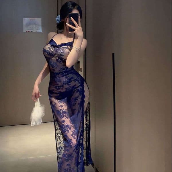 Women Elegant Lace Nightgown - Sheer Floral Embroidery Halter Dress with High Slit, Luxury Lingerie for Romantic Evenings