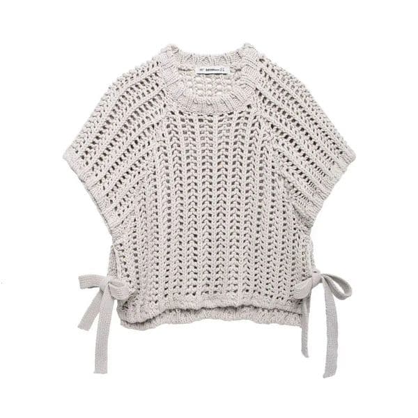 Hollow Out Knit Pullover Women Casual Round Neck Lace Up Bow Sweater Female Autumn Short Sleeves Solid Knitwears Lady 260413