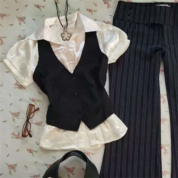 Y2k Sweet SlimTshirt Goth 2 Pieces Vintage Punk Short Sleeve 2000s Button Crop Top Woman Clothing ONeck Harajuku Korea Tees 260410