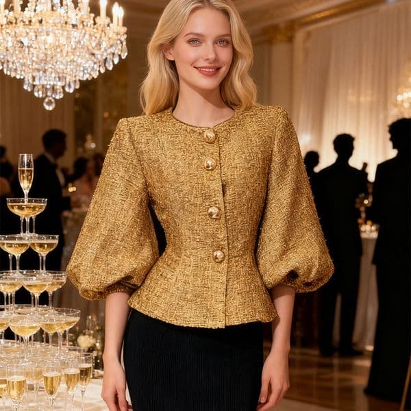 Solid Color Round Neck Jacket 2026 Spring New High-end Puff Sleeve Waist Slim Jacket Women's Clothing bani