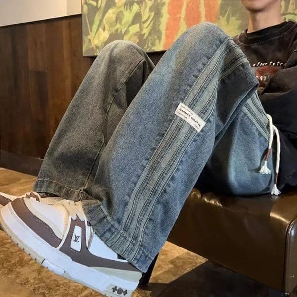 Three bar American retro jeans mens spring and autumn style high street elastic waist loose casual straight leg long 260325BANJIA