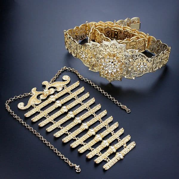 Caucasus Gold Color Belt Breastplate Turkish Women Bride Wedding Jewelry Belt Necklace Set Crystal Flower Waist Chain Sunspicems260410