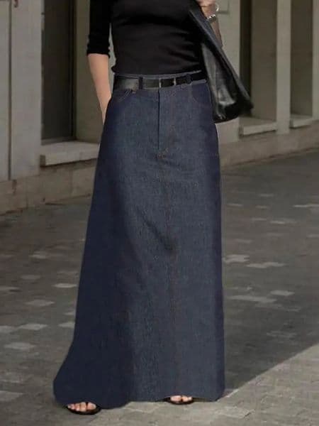 Fashion Denim H-Line High Waist Skirts Spring Summer Loose Solid Color Pockets Maxi Skirt For Women 260414