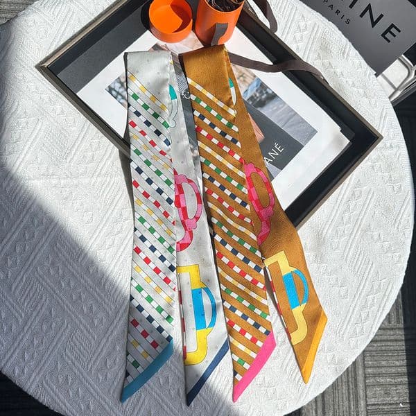 New style fashion printed Luxury 100% pure silk small scarves versatile and elegant long and thin double-layer silk ribbons