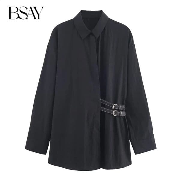 BSAY black oversize poplin shirt women clothing 2025 full long-sleeved blouses Trip strap embellished chic ladies tops mujer 260410BJ