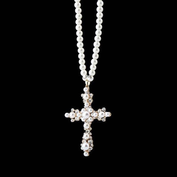 Jewelry New 30inch White Necklace with Pearl Cross Personality Hip Hop Pendant
