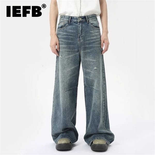IEFB American Style Mens Denim Pants Washing Fashion Loose Straight Trousers Casual Wide Leg Jeans Summer 9C6303 260407