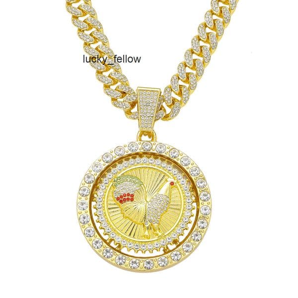 New mens full-diamond chain hip-hop style personalized rotating rooster pendant necklace