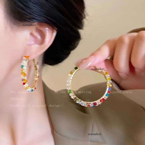 Colorful Crystal for Women 2025 New Trendy Exaggerated Vacation Style High-End Summer Dopamine Hoop Earrings