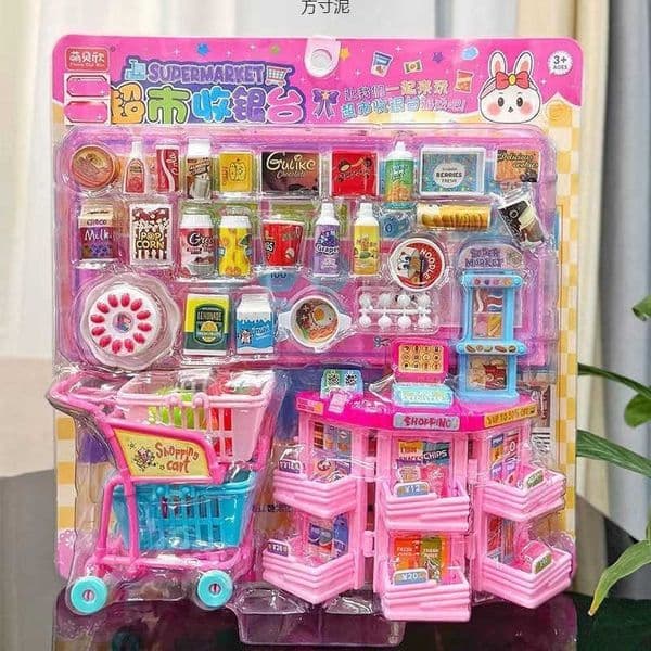 Childrens pretend play set supermarket cash register shopping cart convenience store food toys for boys and girls S260413