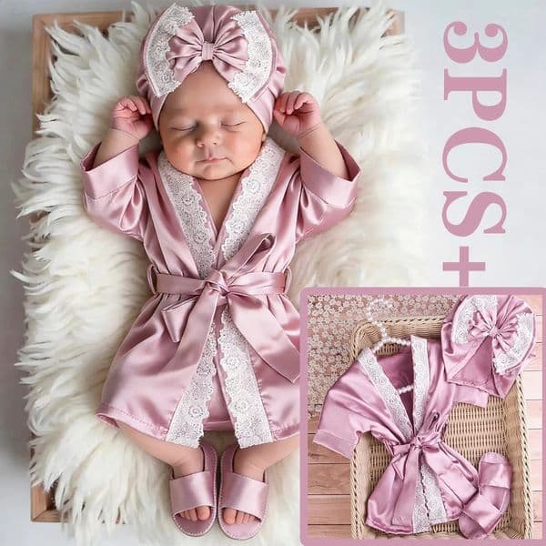 3PCS born Pography Outfits Set 1 Month 100 Days Baby Girl Lace Dathrobe With Bow Turban Hat And Slippers Po Props 260414