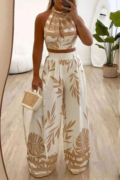 Sexy Halter Backless Vest and Long Pants 2 Piece Set Summer Vacation Beach Ladies Set Casual Loose High Waist Wide Leg Pants Set 260410BJ