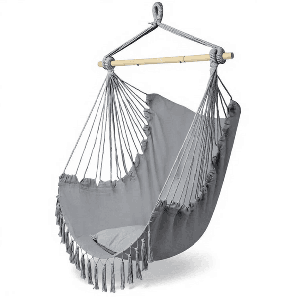Pillow Tassel Hanging Chair Cozy Macrame Swing Chair with Soft Cushion Fringe Tassels and Sturdy Cotton Rope for Living Room Balcony Indoor Outdoor Hammock Chair